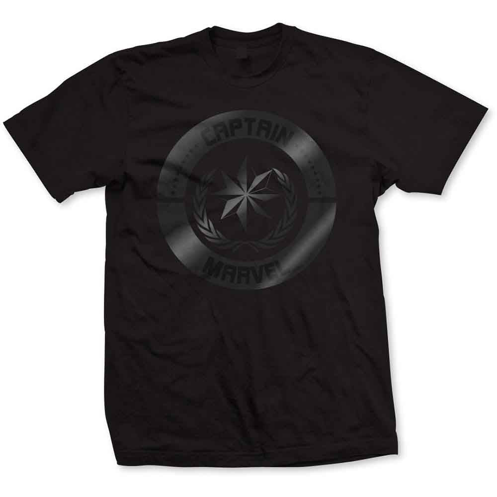 Black t-shirt with a circular Captain Marvel logo on the chest.
