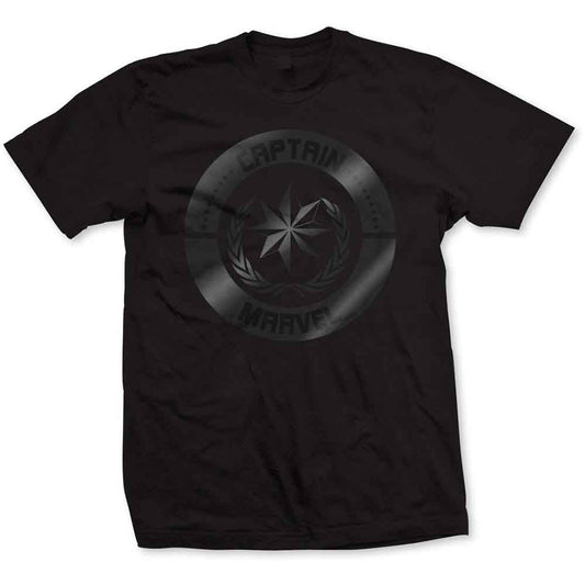 Black t-shirt with a circular Captain Marvel logo on the chest.
