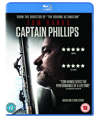 Blu-ray cover for Captain Phillips featuring a close-up of Tom Hanks and ship climbers.