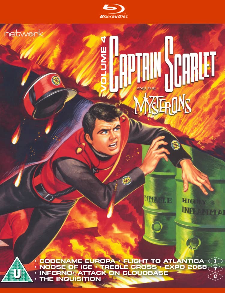 Captain Scarlet Blu-ray cover featuring a hero amidst fiery explosions.