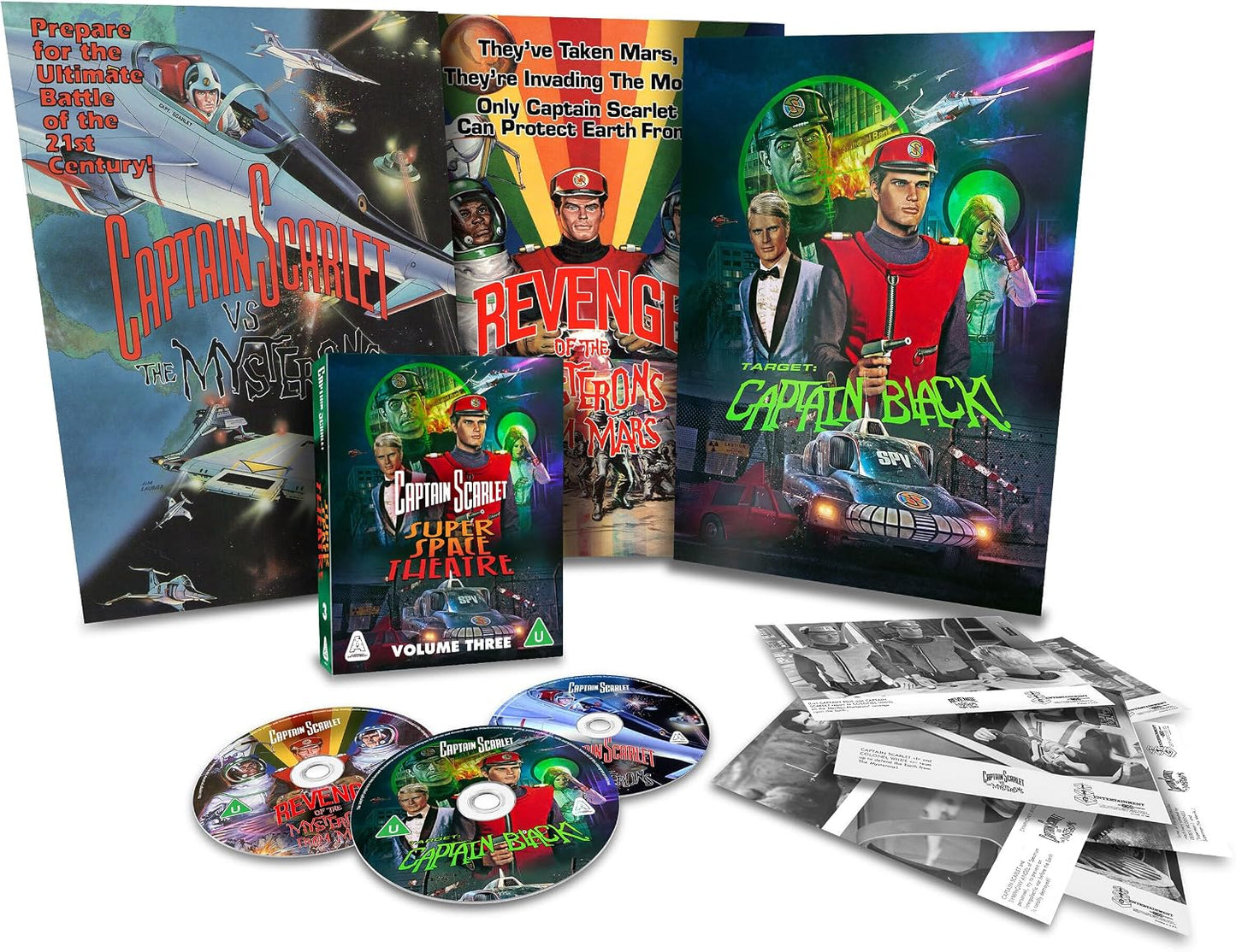 Captain Scarlet" Blu-ray box set with characters, spaceships, and three discs.