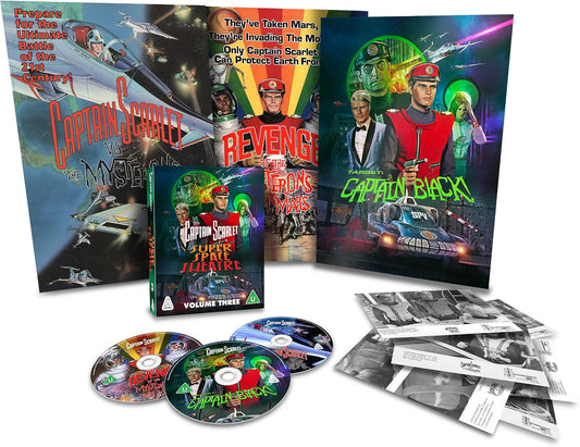 Captain Scarlet" Blu-ray box set with characters, spaceships, and three discs.