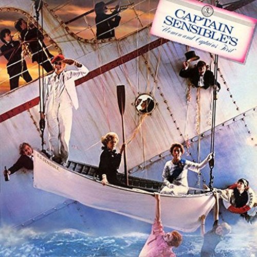 "Album cover featuring a man in white on a sailboat surrounded by people."