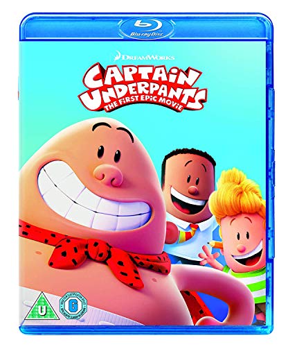Captain Underpants Blu-ray cover featuring Captain Underpants, George, and Harold on blue background.