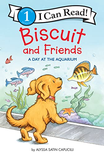 BookLvl 1 book cover showing a yellow puppy looking at fish in an aquarium.