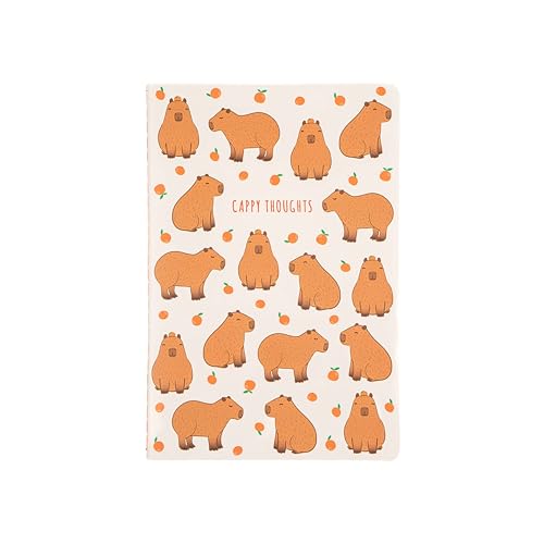 A5 notebook cover with repeating capybara and orange illustrations.