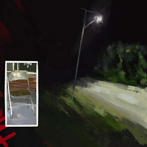 Painted album cover featuring a street scene, chair inset, and lamppost.