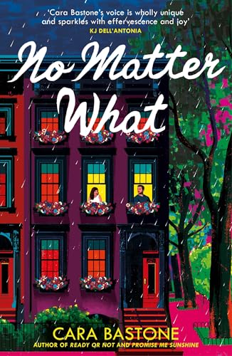 Book cover: a purple townhouse with people in windows, raining.