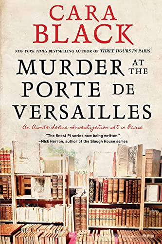 Book cover: "Murder at the Porte de Versailles" with a bookshelf image.