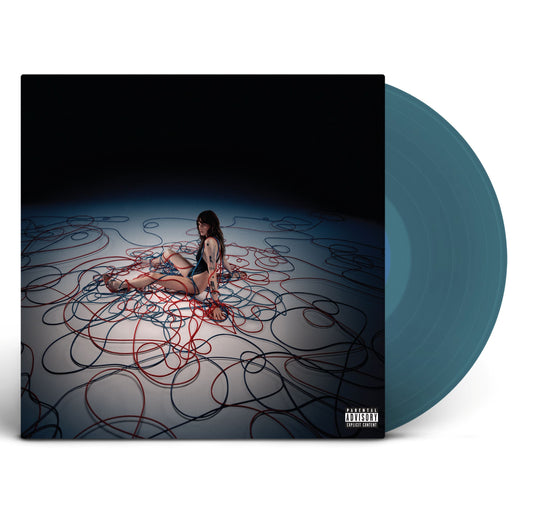 Album cover with a woman amidst blue and red tangled lines, blue vinyl record.