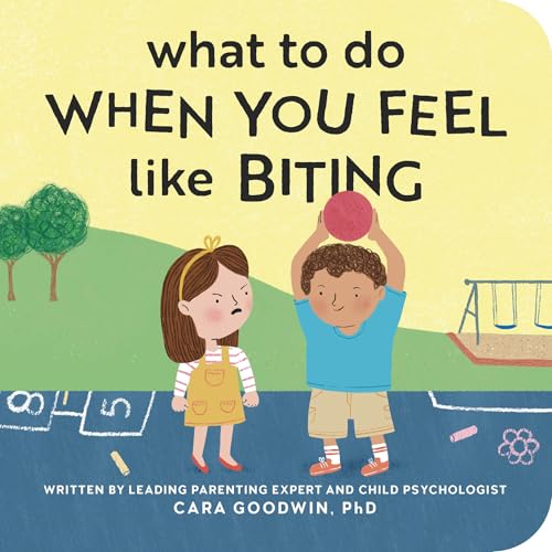 Book cover depicting a girl and boy near a playground, titled "What to Do When You Feel Like Biting.