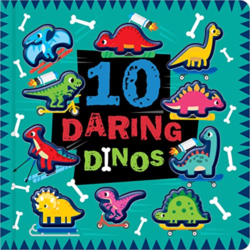 Cover of 10 Daring Dinos book featuring colorful cartoon dinosaurs on skateboards and scooters.