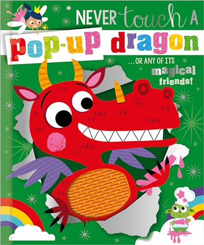 Red cartoon dragon with a pop-up window on its belly, green background.