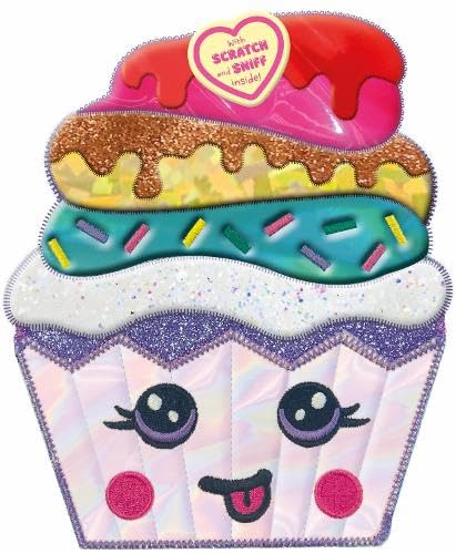 Cupcake-shaped book with a smiling face, colorful frosting, sprinkles, and a heart-shaped sticker.