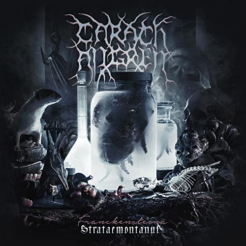 Dark album art featuring a preserved specimen in a jar among skulls and bones.