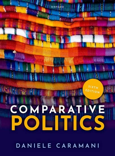 Textbook cover for "Comparative Politics" with colorful striped fabric background.