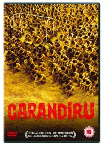 DVD cover for "Carandiru" with men crouching in a soccer stadium, yellow-toned image.