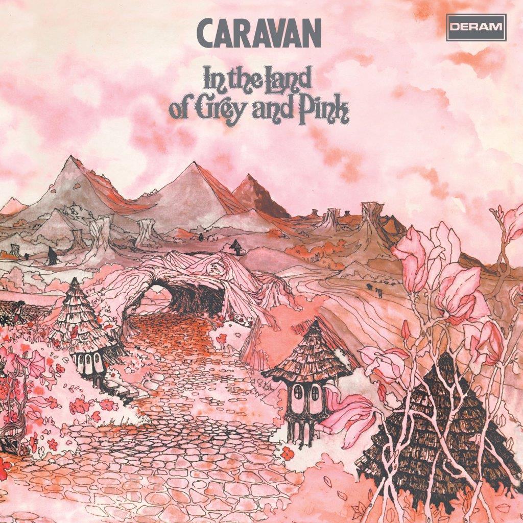 "Album cover art with pink landscape, mountains, and huts, titled 'In the Land of Grey and Pink'."