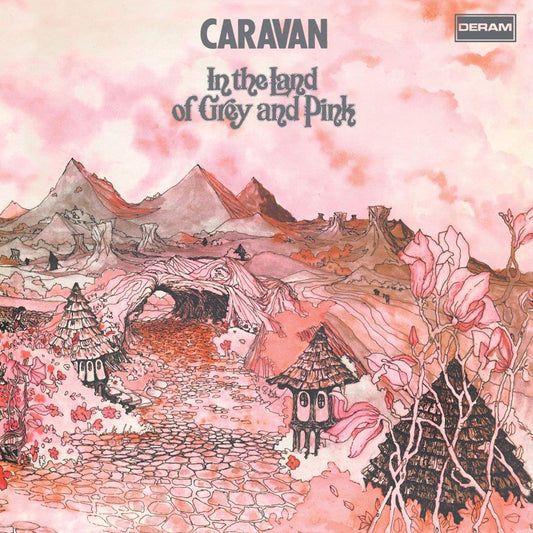 "Album cover art with pink landscape, mountains, and huts, titled 'In the Land of Grey and Pink'."