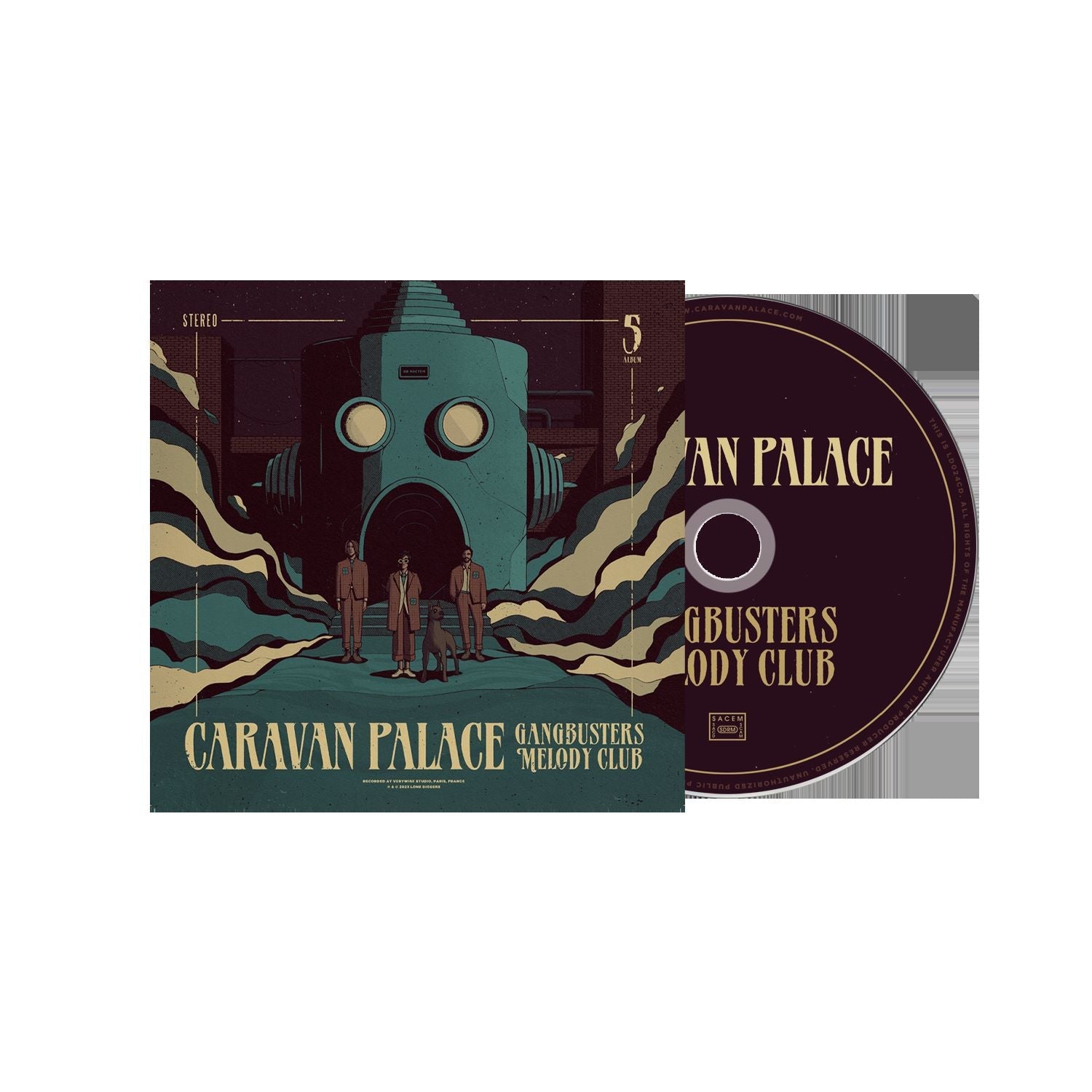 Caravan Palace “Gangbusters Melody Club” CD cover with art deco building.