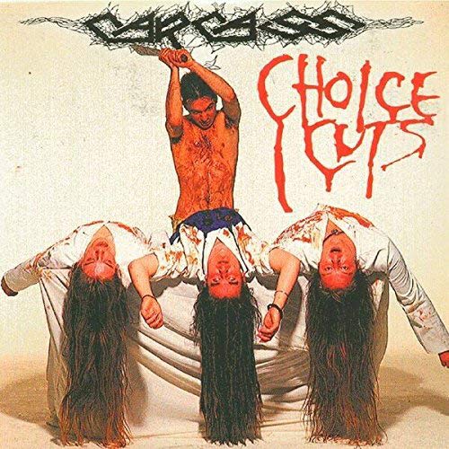 "Carcass album cover featuring three men hanging upside down, covered in blood."