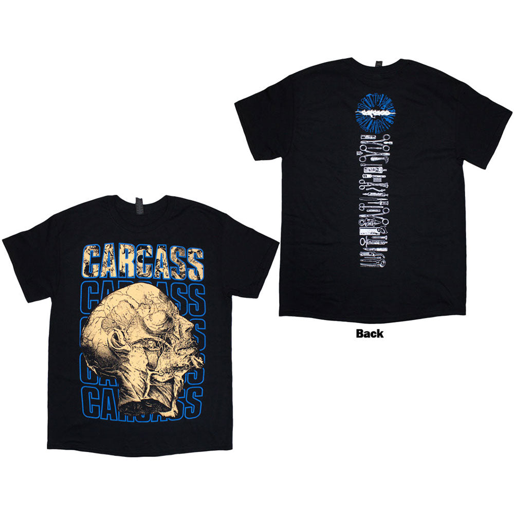 Black t-shirt with a white spinal column and skull design on the back.