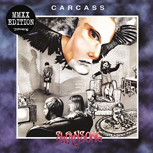 Carcass "Swansong" CD cover: surreal collage with faces, birds, and figures.