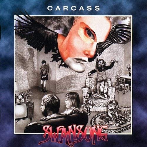 Carcass Swansong album cover: surreal portrait with figures in a room.