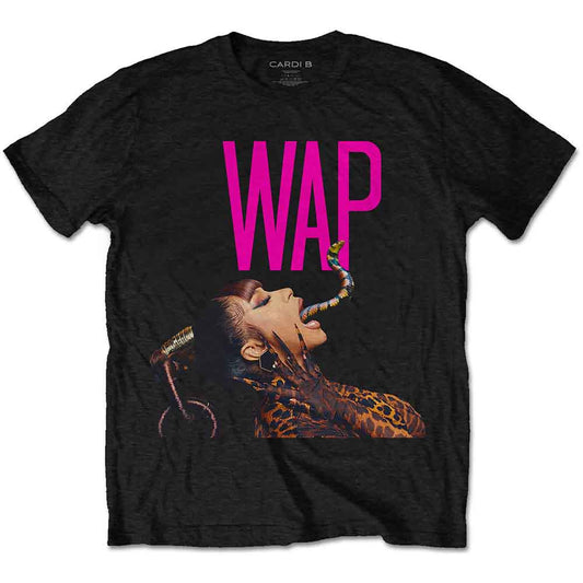 Man wearing a black t-shirt with Cardi B and snake graphic.