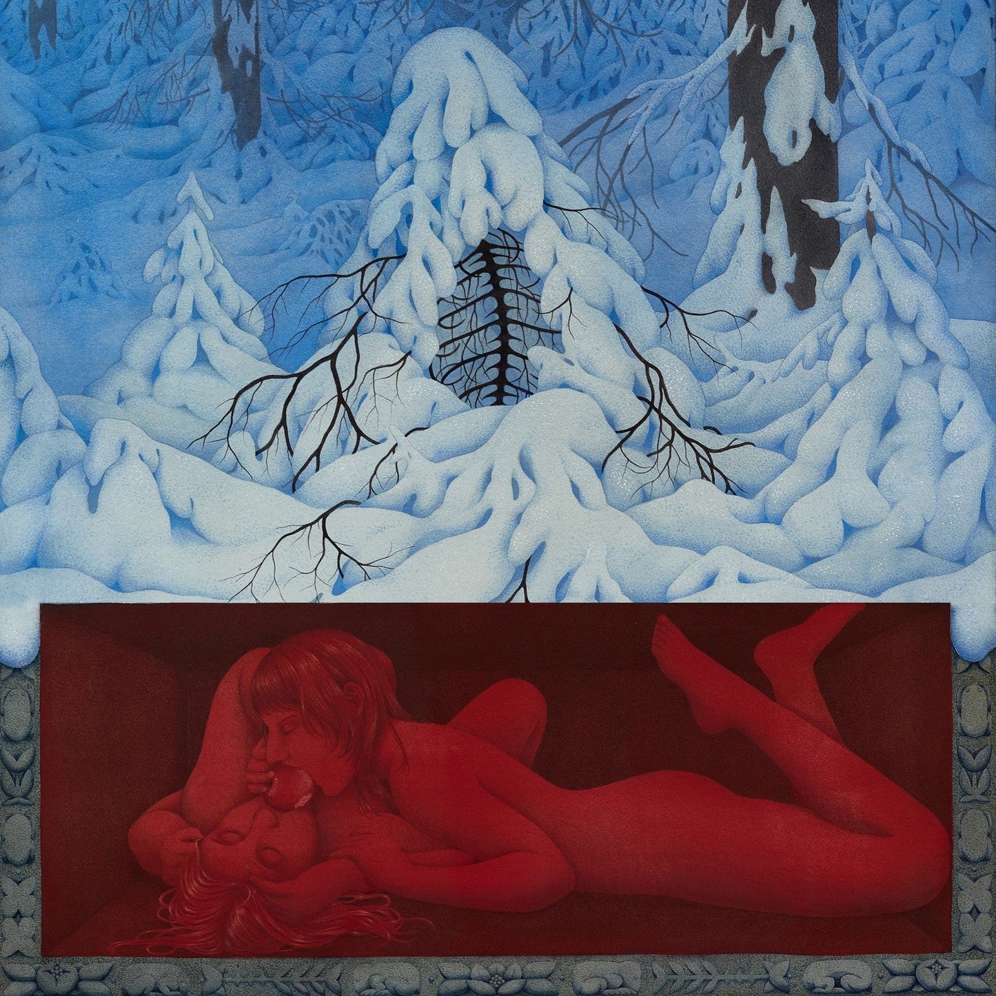 Two red figures embrace inside a rectangular frame beneath a snowy blue forest landscape.