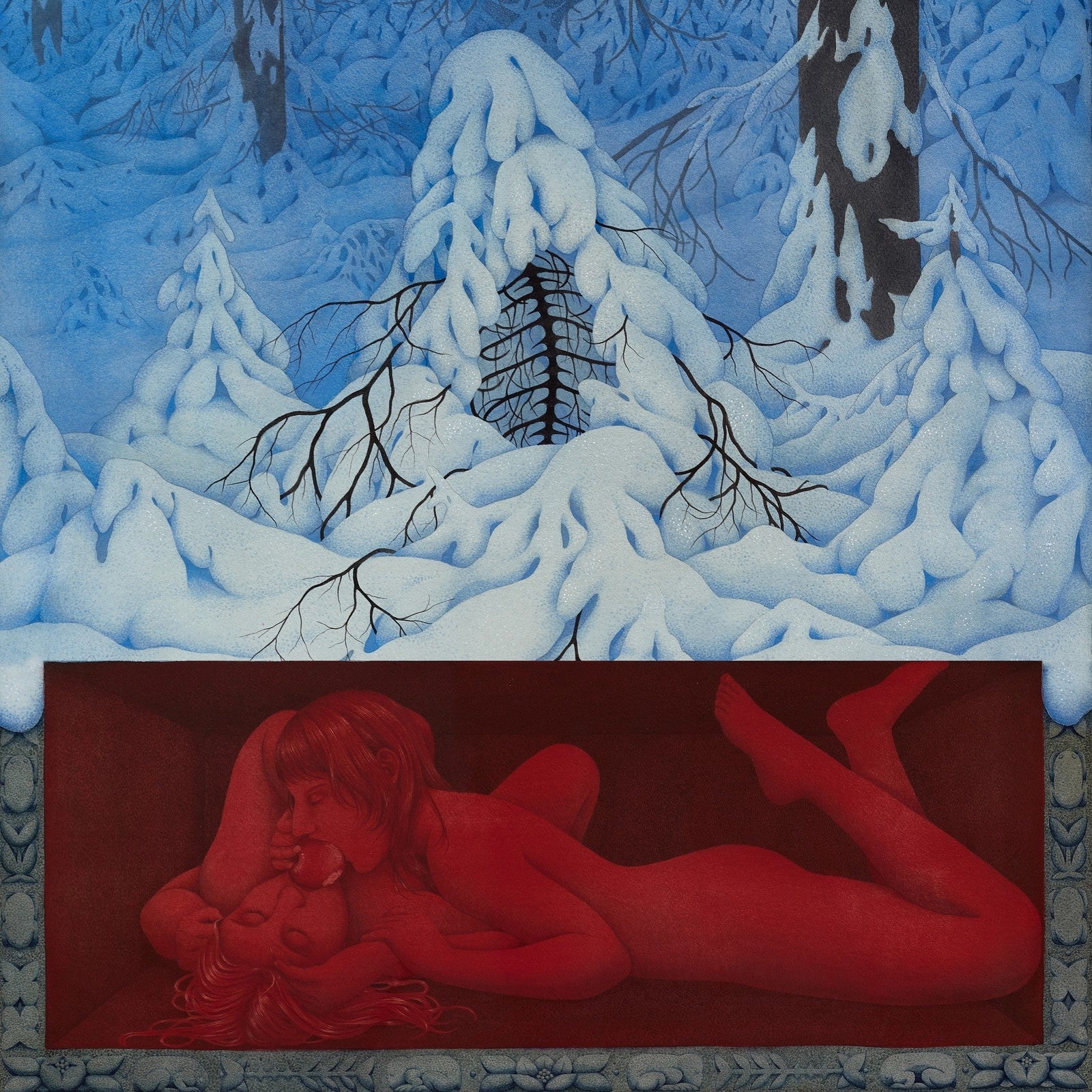 Two red figures embrace inside a rectangular frame beneath a snowy blue forest landscape.