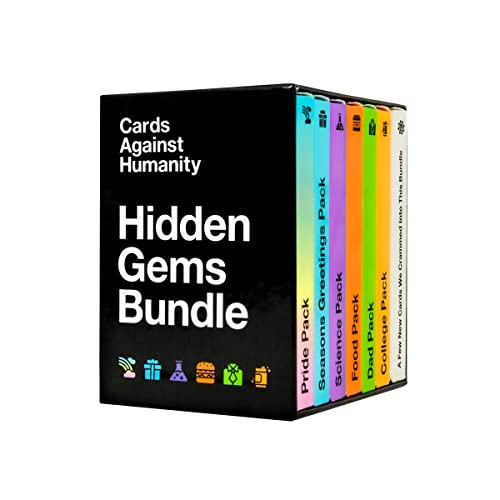 Black box set of “Cards Against Humanity: Hidden Gems Bundle” expansion packs.