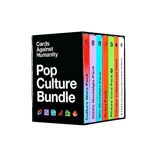 Black box set of “Cards Against Humanity” expansion packs with colorful spines.