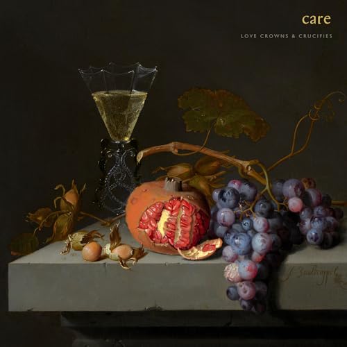 Still life painting of fruit, a glass, and a halved pomegranate.