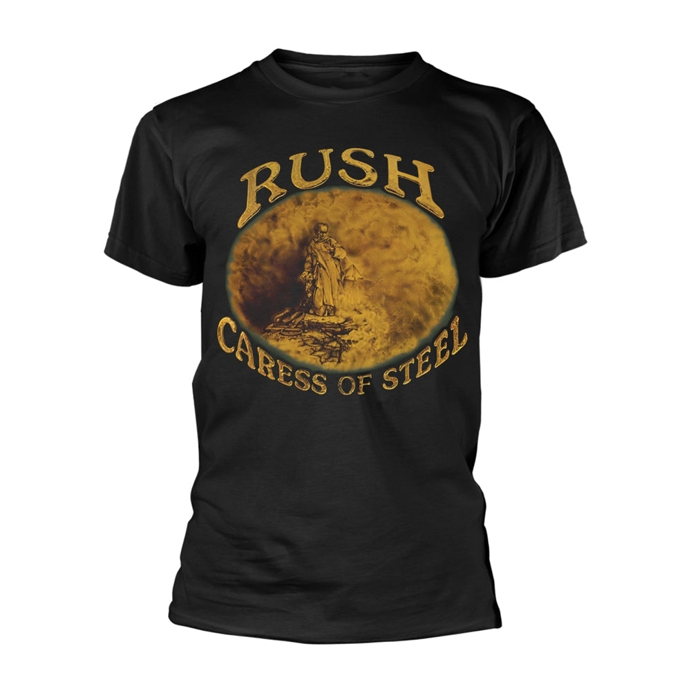 Black t-shirt with a gold and brown Rush "Caress of Steel" album design.
