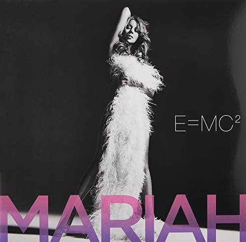 Mariah Carey's "E=MC²" album cover featuring her in a white feather dress.