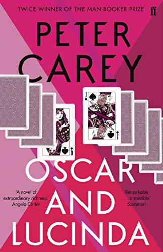 Book cover for Oscar and Lucinda by Peter Carey featuring playing cards on pink.