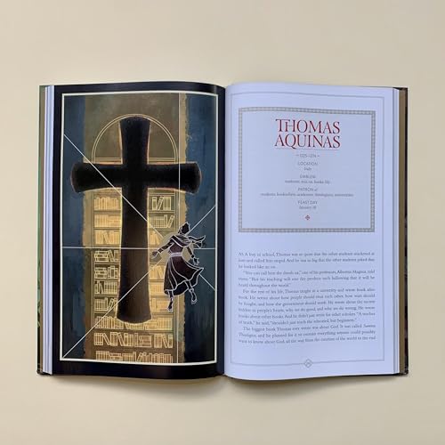 Open book, “Stories Of The Saints,” displaying an illustration and text about Thomas Aquinas.