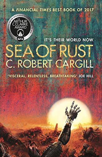 Book cover showing a robotic hand reaching toward a sun over a rusted landscape.