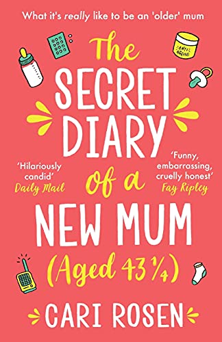 Red book cover with illustrations of baby items and bold white text.