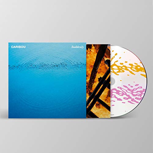 Caribou Suddenly CD album cover showing blue water ripples, fire imagery, and patterned disc.