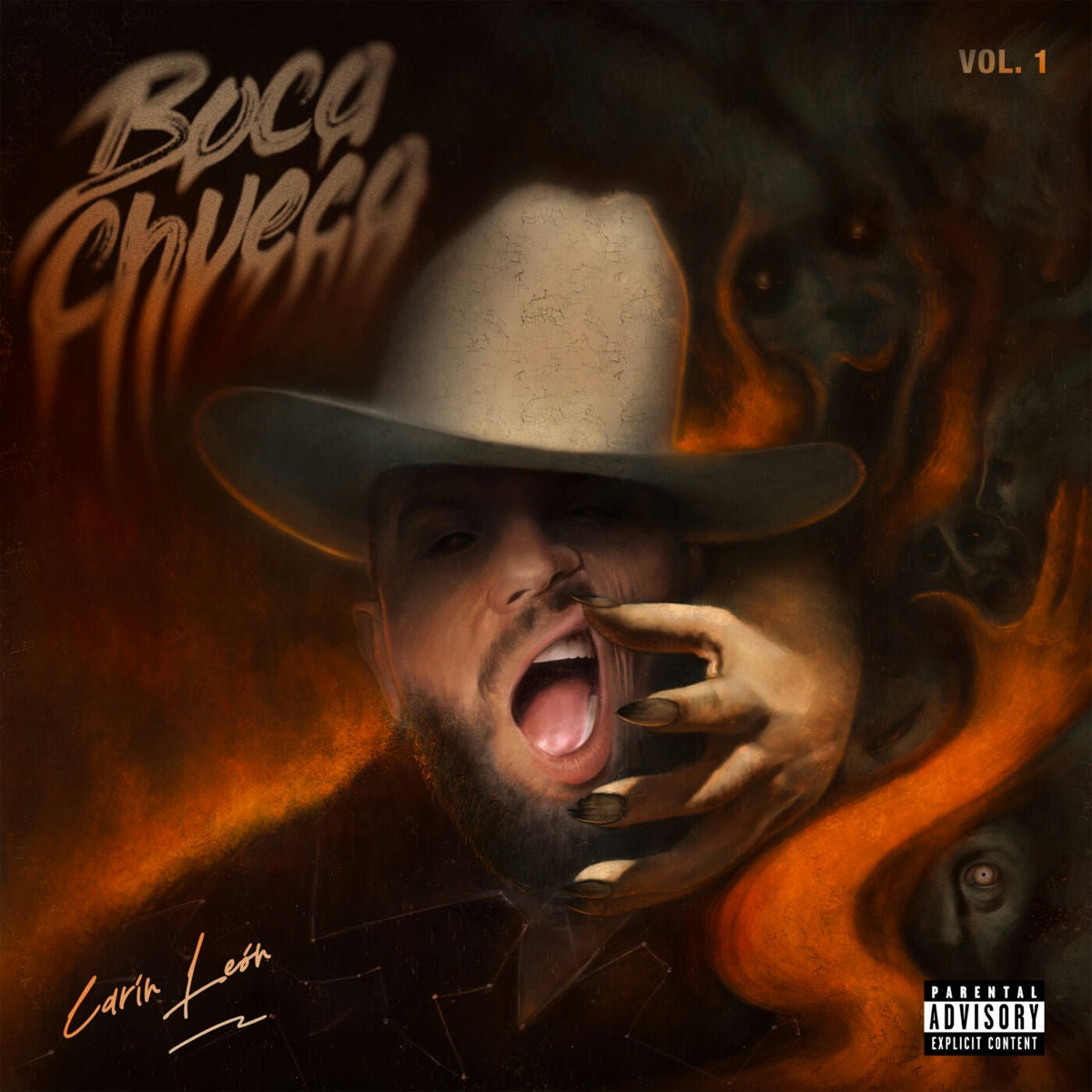 Carín León album cover: man in cowboy hat, dramatic lighting, fiery background.