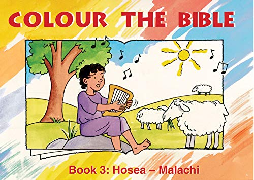 Colouring book cover with a musician, sheep, and a sunny landscape.