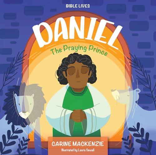 Book cover: illustrated young man praying with lions nearby.