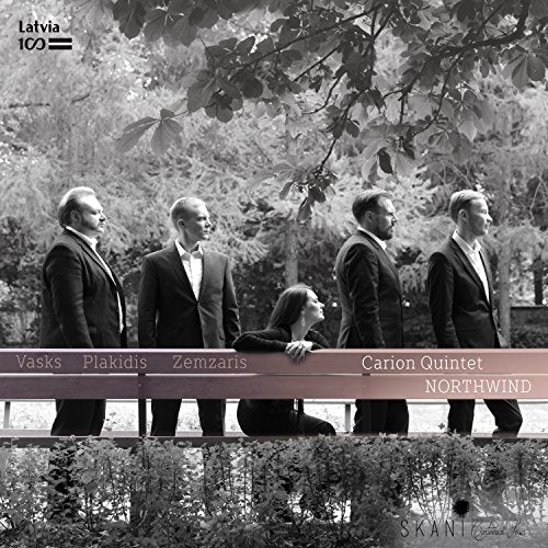 Black and white album cover featuring five musicians and foliage.