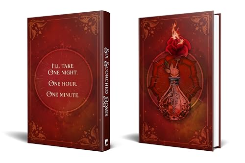 Red book cover with a rose, vase, and text: “Six Scorched Roses.”