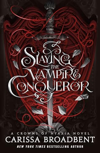 Book cover featuring a silver sword over a red ornate heart with falling petals.