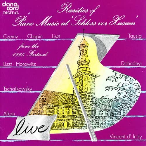CD cover: castle illustration over a piano shape, purple background.
