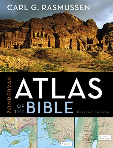 Book cover: “Atlas of the Bible” with ancient city image and maps.