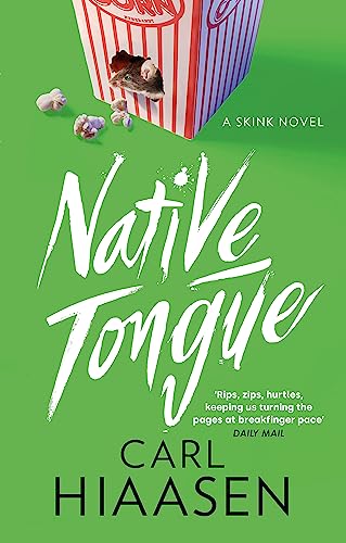 Book cover: "Native Tongue" by Carl Hiaasen, with popcorn and a mouse.